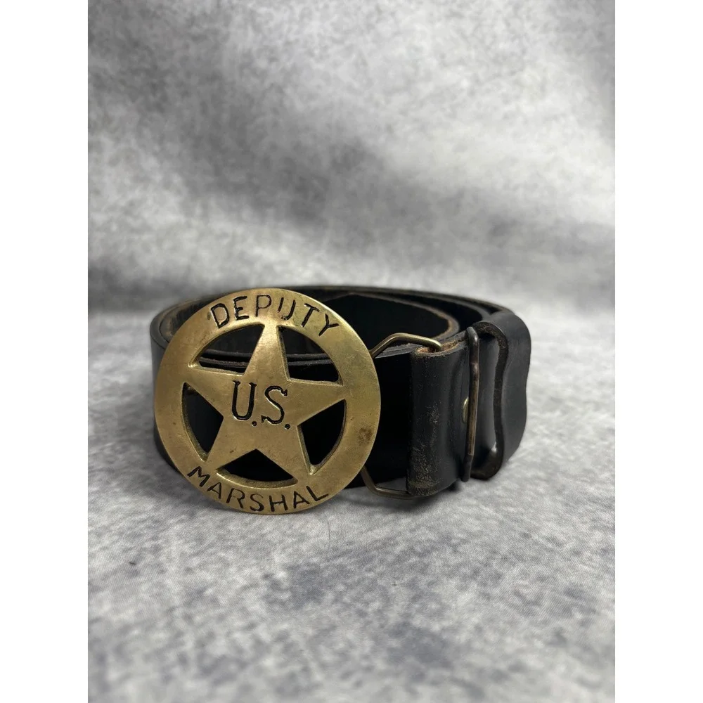 Vintage Deputy U.S. Marshall Star Belt Buckle w/ Cowhide‎ Leather Belt 34/36